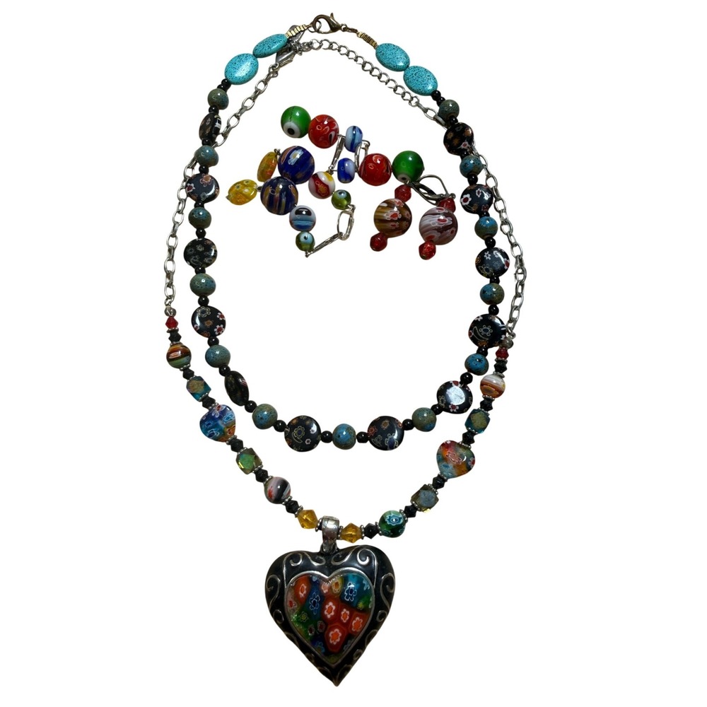 Millefiori Glass Beaded Jewelry Lot Multicolor Heart Pendant Boho Eclectic Craft